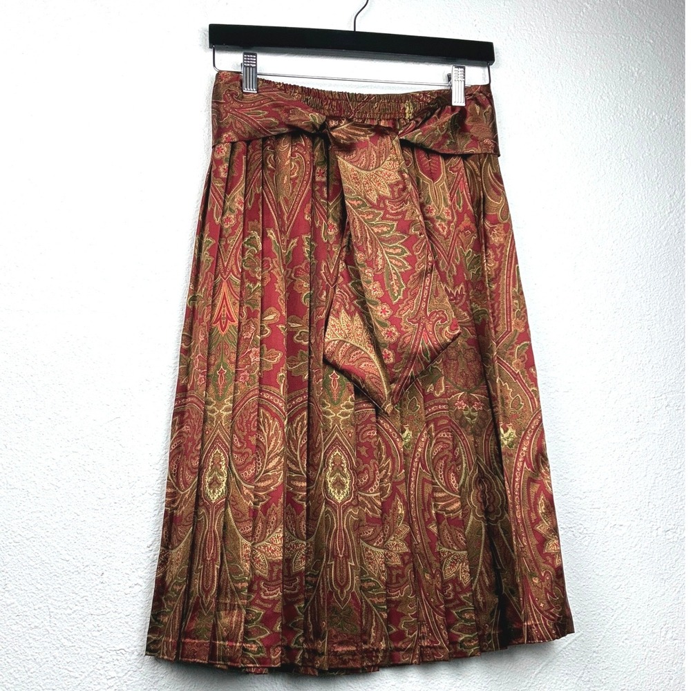 Russ Red Paisley Pleated Midi Skirt - 10 - Vintage Matching Sash Boho Academic